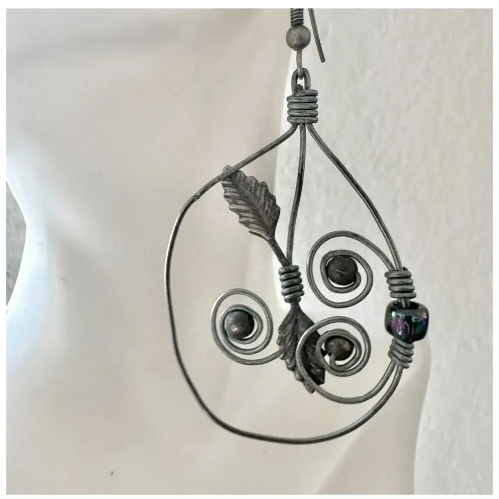Silver tone teardrop leaf wire artisan earrings